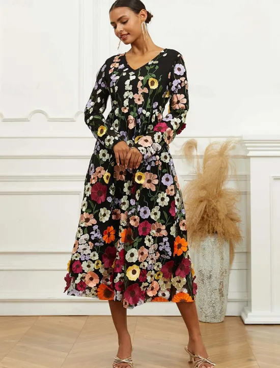 Outlet Women's Midi Dress Dress A Line Dress Elegant Stylish Bishop Sleeve Wedding Guest Cocktail Party Regular Fit Floral Long Sleeve V Neck Spring Fall Women Cocktail Dress