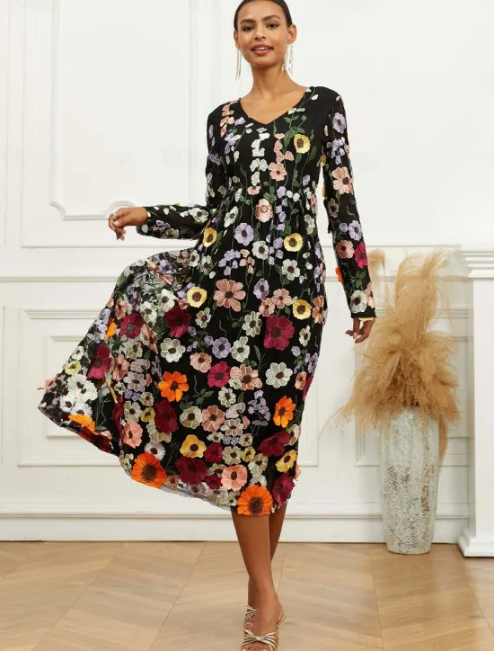 Outlet Women's Midi Dress Dress A Line Dress Elegant Stylish Bishop Sleeve Wedding Guest Cocktail Party Regular Fit Floral Long Sleeve V Neck Spring Fall Women Cocktail Dress