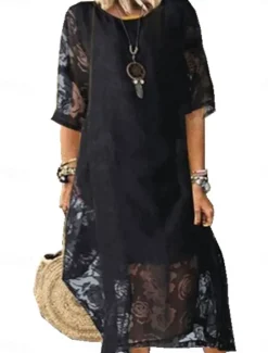 Online Women's Midi Dress Black Dress Lace Dress Elegant Stylish Casual Vacation Party Work Regular Fit Plain Short Sleeve Crew Neck Black White Red Summer Spring Fall Women White Dresses