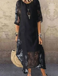 Online Women's Midi Dress Black Dress Lace Dress Elegant Stylish Casual Vacation Party Work Regular Fit Plain Short Sleeve Crew Neck Black White Red Summer Spring Fall Women White Dresses