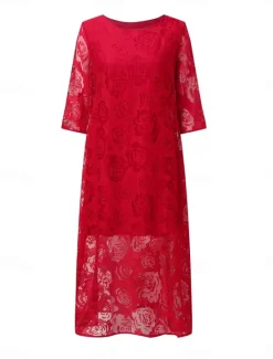 Online Women's Midi Dress Black Dress Lace Dress Elegant Stylish Casual Vacation Party Work Regular Fit Plain Short Sleeve Crew Neck Black White Red Summer Spring Fall Women White Dresses