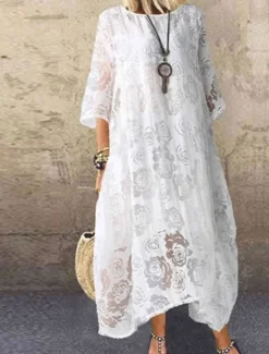 Online Women's Midi Dress Black Dress Lace Dress Elegant Stylish Casual Vacation Party Work Regular Fit Plain Short Sleeve Crew Neck Black White Red Summer Spring Fall Women White Dresses