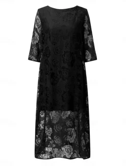 Online Women's Midi Dress Black Dress Lace Dress Elegant Stylish Casual Vacation Party Work Regular Fit Plain Short Sleeve Crew Neck Black White Red Summer Spring Fall Women White Dresses