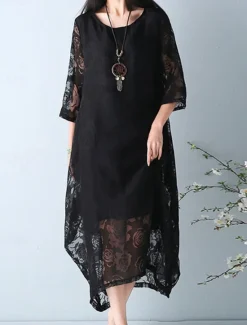Online Women's Midi Dress Black Dress Lace Dress Elegant Stylish Casual Vacation Party Work Regular Fit Plain Short Sleeve Crew Neck Black White Red Summer Spring Fall Women White Dresses