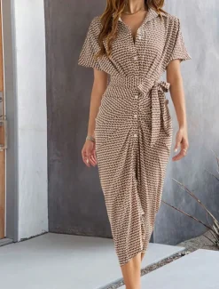 Sale Women's Midi Dress Blazer Dress Stylish Casual Vacation Work Daily Regular Fit Plaid Stripe Half Sleeve Shirt Collar Black Brown Summer Spring Fall Women Work Dresses