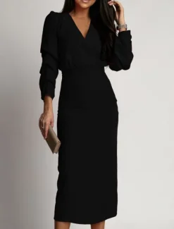 Clearance Women's Midi Dress Bodycon Dress Work Dresses Semi Formal Office Regular Fit Plain Long Sleeve V Neck Black Green Summer Women Work Dresses