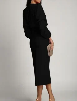 Clearance Women's Midi Dress Bodycon Dress Work Dresses Semi Formal Office Regular Fit Plain Long Sleeve V Neck Black Green Summer Women Work Dresses