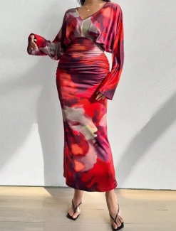 Clearance Women's Midi Dress Boho Dress Elegant Sexy Boho Bodycon Dress Bohemian Long Sleeve V Neck Red Blue Purple Brown Summer Women Floral Dresses