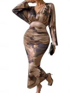 Clearance Women's Midi Dress Boho Dress Elegant Sexy Boho Bodycon Dress Bohemian Long Sleeve V Neck Red Blue Purple Brown Summer Women Floral Dresses