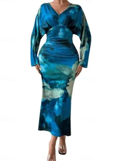Clearance Women's Midi Dress Boho Dress Elegant Sexy Boho Bodycon Dress Bohemian Long Sleeve V Neck Red Blue Purple Brown Summer Women Floral Dresses