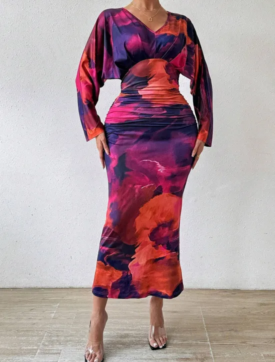 Clearance Women's Midi Dress Boho Dress Elegant Sexy Boho Bodycon Dress Bohemian Long Sleeve V Neck Red Blue Purple Brown Summer Women Floral Dresses