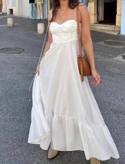 Best Women's Midi Dress Boho Wedding Guest Dress Elegant Stylish Sexy Oversized Solid Color Bohemian Sleeveless Strap Summer Women White Dresses