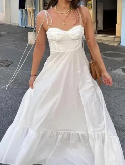Best Women's Midi Dress Boho Wedding Guest Dress Elegant Stylish Sexy Oversized Solid Color Bohemian Sleeveless Strap Summer Women White Dresses