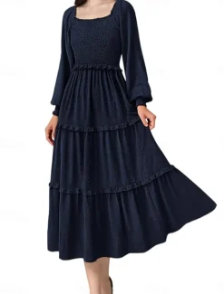Discount Women's Midi Dress Boho Wedding Guest Dress Elegant Bohemia Stylish Loose Fit Long Sleeve Square Neck Black Pink Wine Navy Blue Spring Fall Winter Women Casual Dress