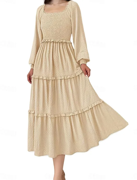 Discount Women's Midi Dress Boho Wedding Guest Dress Elegant Bohemia Stylish Loose Fit Long Sleeve Square Neck Black Pink Wine Navy Blue Spring Fall Winter Women Casual Dress