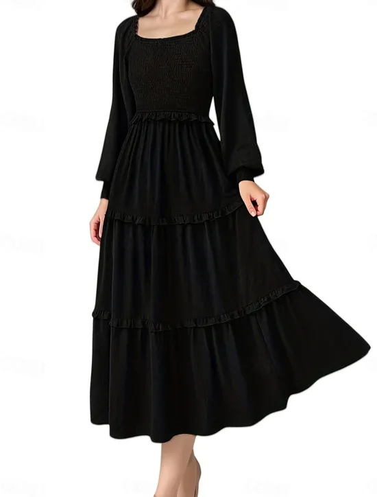 Discount Women's Midi Dress Boho Wedding Guest Dress Elegant Bohemia Stylish Loose Fit Long Sleeve Square Neck Black Pink Wine Navy Blue Spring Fall Winter Women Casual Dress