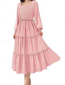 Discount Women's Midi Dress Boho Wedding Guest Dress Elegant Bohemia Stylish Loose Fit Long Sleeve Square Neck Black Pink Wine Navy Blue Spring Fall Winter Women Casual Dress