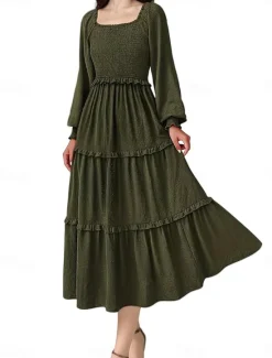 Discount Women's Midi Dress Boho Wedding Guest Dress Elegant Bohemia Stylish Loose Fit Long Sleeve Square Neck Black Pink Wine Navy Blue Spring Fall Winter Women Casual Dress