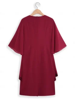 Sale Women's Midi Dress Burgundy with Asymmetric Sequin Overlay Round Neckline V-Notch Detail Three-Quarter Length Split Sleeves Non-Stretch Elegant Evening Cocktail Party Knee-Length Various Sizes Women Cocktail Dress