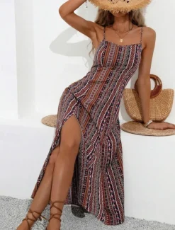 Discount Women's Midi Dress Casual Dress Summer Dress Slip Dress Boho Dress Elegant Fashion Modern Daily Beach Weekend Regular Fit Striped Sleeveless V Neck Red Green Summer Women Cocktail Dress
