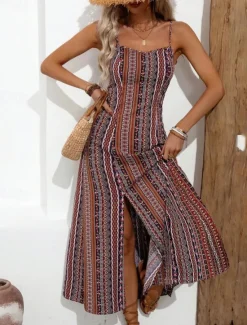 Discount Women's Midi Dress Casual Dress Summer Dress Slip Dress Boho Dress Elegant Fashion Modern Daily Beach Weekend Regular Fit Striped Sleeveless V Neck Red Green Summer Women Cocktail Dress
