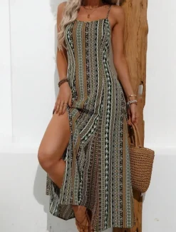 Discount Women's Midi Dress Casual Dress Summer Dress Slip Dress Boho Dress Elegant Fashion Modern Daily Beach Weekend Regular Fit Striped Sleeveless V Neck Red Green Summer Women Cocktail Dress
