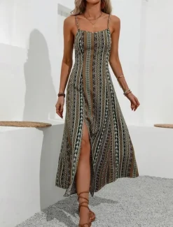 Discount Women's Midi Dress Casual Dress Summer Dress Slip Dress Boho Dress Elegant Fashion Modern Daily Beach Weekend Regular Fit Striped Sleeveless V Neck Red Green Summer Women Cocktail Dress