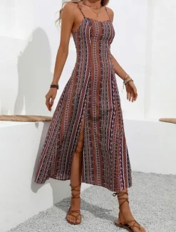 Discount Women's Midi Dress Casual Dress Summer Dress Slip Dress Boho Dress Elegant Fashion Modern Daily Beach Weekend Regular Fit Striped Sleeveless V Neck Red Green Summer Women Cocktail Dress