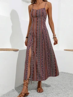 Discount Women's Midi Dress Casual Dress Summer Dress Slip Dress Boho Dress Elegant Fashion Modern Daily Beach Weekend Regular Fit Striped Sleeveless V Neck Red Green Summer Women Cocktail Dress