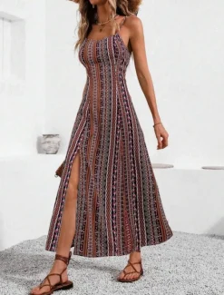 Discount Women's Midi Dress Casual Dress Summer Dress Slip Dress Boho Dress Elegant Fashion Modern Daily Beach Weekend Regular Fit Striped Sleeveless V Neck Red Green Summer Women Cocktail Dress