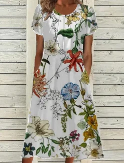 Sale Women's Midi Dress Casual Dress A Line Dress Elegant Vintage Stylish Lantern Sleeve Vacation Daily Fall Dress Regular Fit Floral Short Sleeve Crew Neck White Light Green Green Dark Blue Spring Fall Women Spring Dresses
