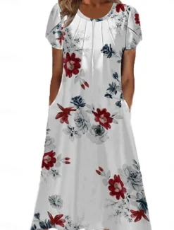 Sale Women's Midi Dress Casual Dress A Line Dress Elegant Vintage Stylish Lantern Sleeve Vacation Daily Fall Dress Regular Fit Floral Short Sleeve Crew Neck White Light Green Green Dark Blue Spring Fall Women Spring Dresses