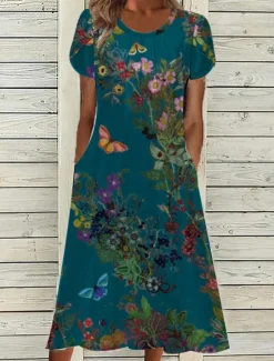 Sale Women's Midi Dress Casual Dress A Line Dress Elegant Vintage Stylish Lantern Sleeve Vacation Daily Fall Dress Regular Fit Floral Short Sleeve Crew Neck White Light Green Green Dark Blue Spring Fall Women Spring Dresses