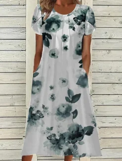 Sale Women's Midi Dress Casual Dress A Line Dress Elegant Vintage Stylish Lantern Sleeve Vacation Daily Fall Dress Regular Fit Floral Short Sleeve Crew Neck White Light Green Green Dark Blue Spring Fall Women Spring Dresses