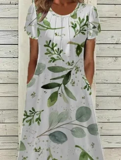Sale Women's Midi Dress Casual Dress A Line Dress Elegant Vintage Stylish Lantern Sleeve Vacation Daily Fall Dress Regular Fit Floral Short Sleeve Crew Neck White Light Green Green Dark Blue Spring Fall Women Spring Dresses