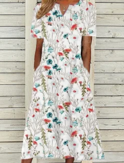 New Women's Midi Dress Casual Dress White Short Sleeve Floral Pocket Spring Summer V Neck Vacation 2023 S M L XL XXL 3XL Women Casual Dress|Spring Dresses