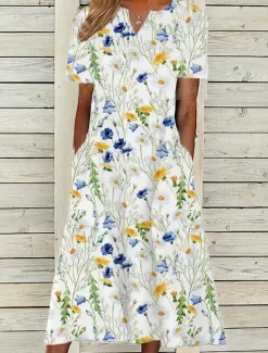 New Women's Midi Dress Casual Dress White Short Sleeve Floral Pocket Spring Summer V Neck Vacation 2023 S M L XL XXL 3XL Women Casual Dress|Spring Dresses