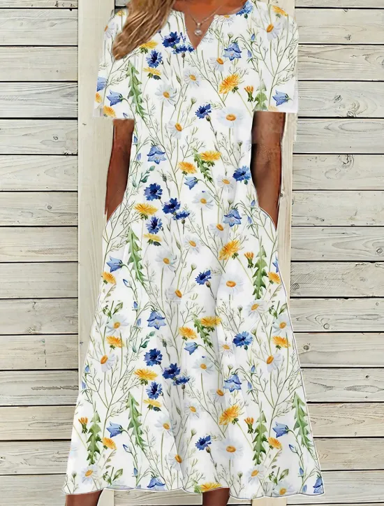 New Women's Midi Dress Casual Dress White Short Sleeve Floral Pocket Spring Summer V Neck Vacation 2023 S M L XL XXL 3XL Women Casual Dress|Spring Dresses