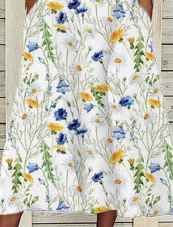 New Women's Midi Dress Casual Dress White Short Sleeve Floral Pocket Spring Summer V Neck Vacation 2023 S M L XL XXL 3XL Women Casual Dress|Spring Dresses