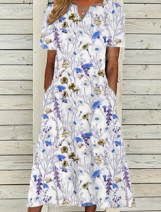 New Women's Midi Dress Casual Dress White Short Sleeve Floral Pocket Spring Summer V Neck Vacation 2023 S M L XL XXL 3XL Women Casual Dress|Spring Dresses