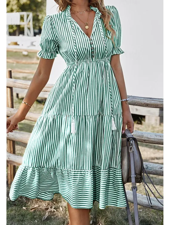 Hot Women's Midi Dress Casual Dress Summer Dress Fashion Classic Outdoor Holiday Date Regular Fit Striped Short Sleeve V Neck Pink Blue Dark Green Khaki Summer Women Casual Dress