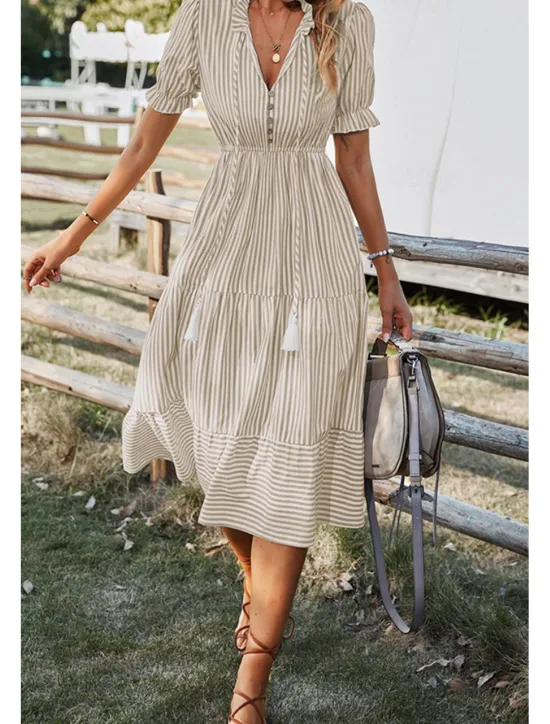 Hot Women's Midi Dress Casual Dress Summer Dress Fashion Classic Outdoor Holiday Date Regular Fit Striped Short Sleeve V Neck Pink Blue Dark Green Khaki Summer Women Casual Dress