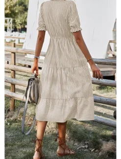 Hot Women's Midi Dress Casual Dress Summer Dress Fashion Classic Outdoor Holiday Date Regular Fit Striped Short Sleeve V Neck Pink Blue Dark Green Khaki Summer Women Casual Dress