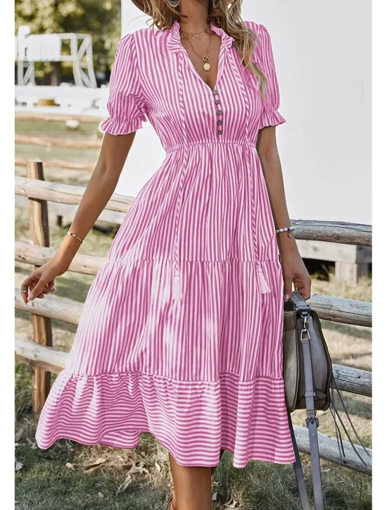 Hot Women's Midi Dress Casual Dress Summer Dress Fashion Classic Outdoor Holiday Date Regular Fit Striped Short Sleeve V Neck Pink Blue Dark Green Khaki Summer Women Casual Dress