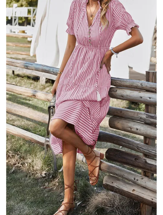 Hot Women's Midi Dress Casual Dress Summer Dress Fashion Classic Outdoor Holiday Date Regular Fit Striped Short Sleeve V Neck Pink Blue Dark Green Khaki Summer Women Casual Dress