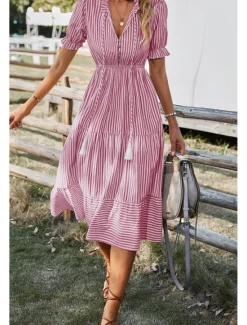 Hot Women's Midi Dress Casual Dress Summer Dress Fashion Classic Outdoor Holiday Date Regular Fit Striped Short Sleeve V Neck Pink Blue Dark Green Khaki Summer Women Casual Dress