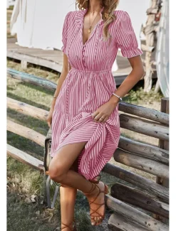 Hot Women's Midi Dress Casual Dress Summer Dress Fashion Classic Outdoor Holiday Date Regular Fit Striped Short Sleeve V Neck Pink Blue Dark Green Khaki Summer Women Casual Dress
