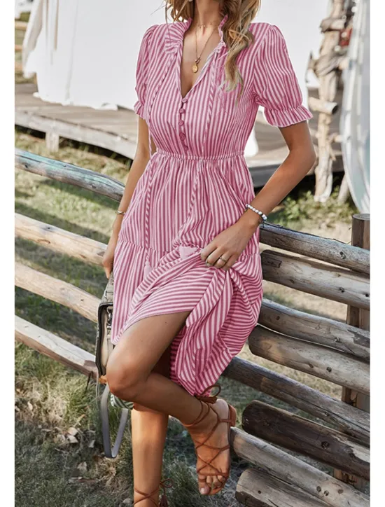 Hot Women's Midi Dress Casual Dress Summer Dress Fashion Classic Outdoor Holiday Date Regular Fit Striped Short Sleeve V Neck Pink Blue Dark Green Khaki Summer Women Casual Dress