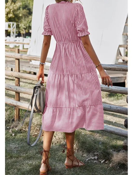 Hot Women's Midi Dress Casual Dress Summer Dress Fashion Classic Outdoor Holiday Date Regular Fit Striped Short Sleeve V Neck Pink Blue Dark Green Khaki Summer Women Casual Dress