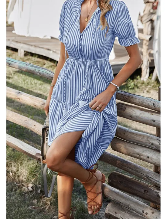 Hot Women's Midi Dress Casual Dress Summer Dress Fashion Classic Outdoor Holiday Date Regular Fit Striped Short Sleeve V Neck Pink Blue Dark Green Khaki Summer Women Casual Dress